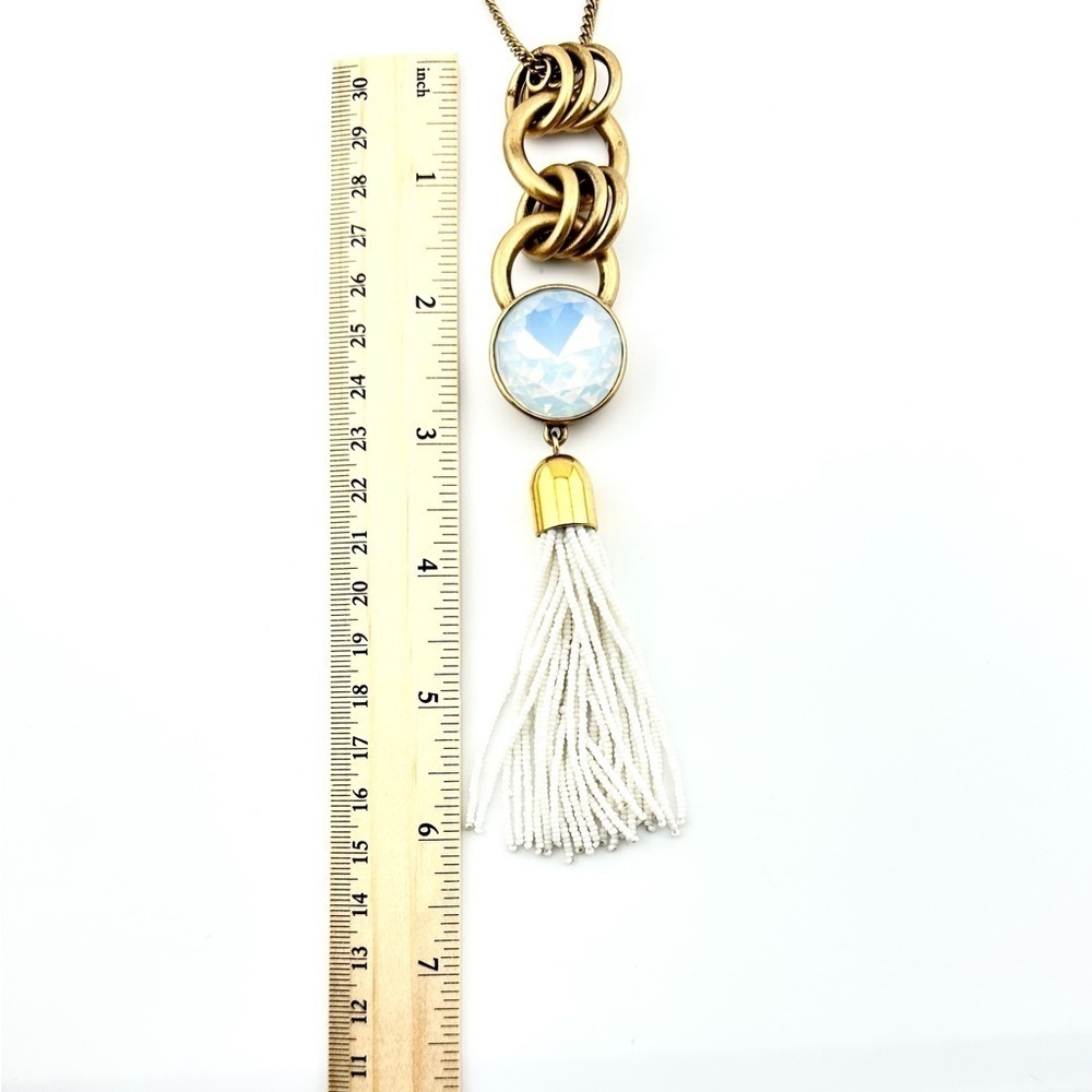 J Crew Necklace, Long Gold Tone and White Tassel Pendant with Iridescent Stone - Picture 4 of 8